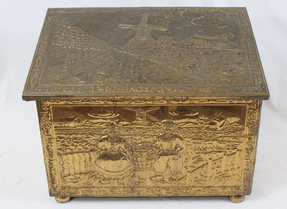 Vintage 18 Kindling Box Embossed Brass Over Wood Fireplace Etsy