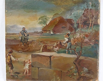 Signed 1934 Children’s Fairy Tale Illustration 10x12 Antique Original Oil Painting Folk Art