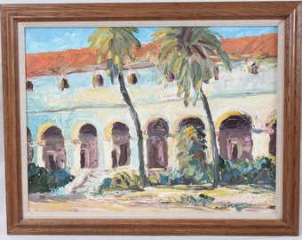 Mid Century Style 18x24 Oil Painting Santa Barbara Mission California Palm Trees