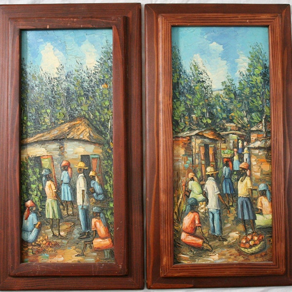 L. Antoine Haitian Oil Painting Pair 9x23 Expressionism Native Village Folk Art