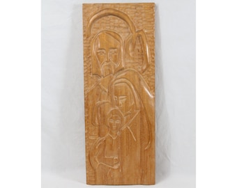 Jesus Joseph & Mary 30” Vtg Carved Wood Panel Mid Century Modern Evelyn Ackerman Style