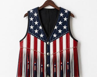 Chaleco de cuero con flecos y bandera estadounidense personalizada, chaleco para festivales, estilo western unisex.