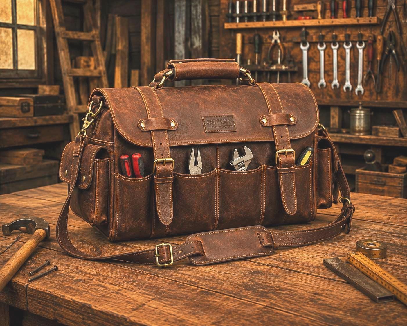Genuine Leather Tool Bag, Heavy-Duty Professional Organizer, Vintage Brown