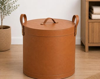 Leather Laundry Basket with Lid, Premium Leather Storage Basket, Round Laundry Hamper, Blanket Basket, Luxury Home Organizer