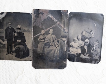 Antieke tintype foto's Victoriaanse gezinnen set van drie