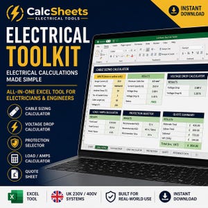 May include: A laptop screen displays an Excel-based electrical toolkit. The software includes cable sizing, voltage drop, and load/amps calculators. The interface shows input fields and results, with a quote summary at the bottom. The toolkit is designed for electricians and engineers.