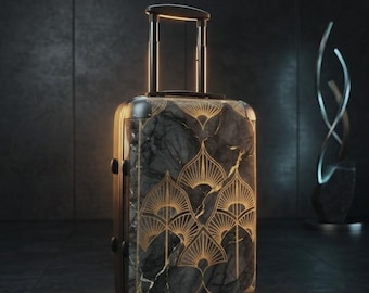 Art Deco Gold Fan Pattern Suitcase | Marble Accent Luggage