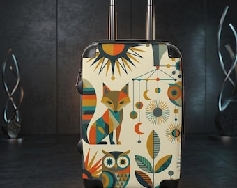 Retro Fox Pattern Suitcase | Mid-Century Animal Travel Luggage