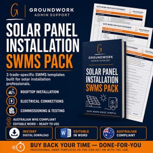 May include: A dark blue book titled "SOLAR PANEL INSTALLATION SWMS PACK" with white and orange text. The image also shows three white sheets with text and a logo. The text includes "Rooftop Installation" and "Electrical Connections".