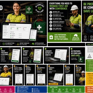 Op de afbeelding: Promotieafbeelding voor de First Aid Desk Mini App. De afbeelding toont een laptop, smartphone en tablet met de interface van de app. De app helpt bij het registreren van incidenten, het volgen van resultaten en het voldoen aan de voorschriften.