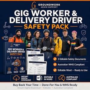 Può includere: Un design grafico blu navy con il testo "GIG WORKER & DELIVERY DRIVER SAFETY PACK". L'immagine include un gruppo di persone, uno scooter e documenti. Il testo dice anche "Download digitale istantaneo" e "Conforme agli standard australiani".