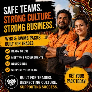 May include: Image features two people in orange work shirts with the text "SAFE TEAMS. STRONG CULTURE. STRONG BUSINESS." The image promotes WHS & SWMS packs, highlighting features like being ready to use, meeting requirements, reducing risk, and supporting teams. A call to action urges viewers to "GET YOUR PACK TODAY!"