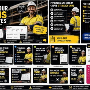 Op de afbeelding: Een advertentie voor de SWMS builder-app van Groundwork voor Australische vakmensen. De afbeelding toont een man in een geel werkshirt en helm, met de tekst "Build Your SWMS in Minutes". De app belooft site-ready documenten te creëren.