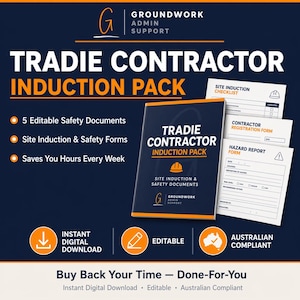 Puede incluir: Gráfico azul marino con el texto "TRADIE CONTRACTOR INDUCTION PACK". El paquete incluye 5 documentos de seguridad editables, formularios de inducción y seguridad en el sitio. La imagen también incluye el texto "Descarga digital instantánea", "Editable" y "Cumple con las normas australianas".