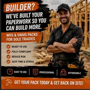 May include: A smiling man in a black cap and work shirt stands before a construction site. Text overlay reads "BUILDER? WE'VE BUILT YOUR PAPERWORK SO YOU CAN BUILD MORE." Additional text highlights features like "READY TO USE" and "SAVE TIME & STRESS."