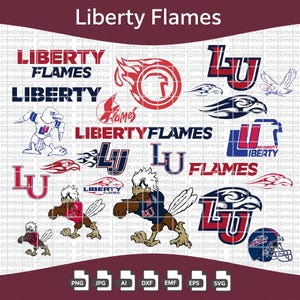 May include: A digital collection of Liberty Flames graphics featuring the team name, the LU monogram, eagle mascots, and a football helmet. The designs are rendered in red, navy blue, and white, displayed on a grid background with file format icons.