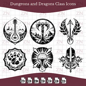 Può includere: Una collezione di sei icone di classe Dungeons and Dragons in bianco e nero disposte su due righe. I disegni raffigurano un liuto, un'ascia a doppia lama, una freccia con ali, un'impronta di zampa, un sole con sfera e una figura incappucciata.