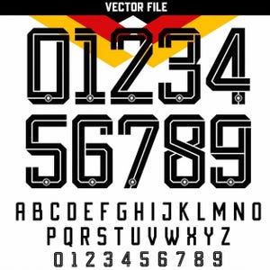 Puede incluir: Un archivo vectorial digital que presenta un conjunto de n&uacute;meros negros en negrita de doble l&iacute;nea del cero al nueve, seguido por el alfabeto ingl&eacute;s completo en may&uacute;sculas en una fuente sans-serif a juego y una fila final peque&ntilde;a de n&uacute;meros.