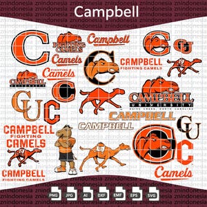 May include: A digital collection of Campbell University Fighting Camels logos and graphics in orange, black, and white. The set includes various letter C designs, camel illustrations, and text reading Campbell, Fighting Camels, and University.