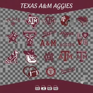 Könnte beinhalten: Eine Sammlung von kastanienbraunen und weißen Texas A&M Aggies Digitalgrafiken mit verschiedenen Logos, darunter das ATM-Monogramm, ein Football-Helm, ein Maskottchen, ein Football in einem Herz und Texte wie Aggies und Texas A&M.