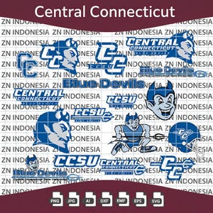 May include: A digital collection of Central Connecticut State University Blue Devils logos and text graphics in blue and white. The designs include various mascot heads, the CCSU acronym, and the team name, all displayed on a white grid background.
