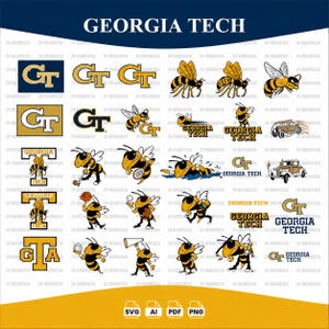 Può includere: Una collezione digitale di loghi e grafiche della mascotte Georgia Tech che raffigura l'ape yellow jacket in varie pose, incluse attività sportive, insieme al monogramma GT e al testo Georgia Tech in blu navy, oro e bianco.
