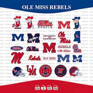 May include: A digital collection of Ole Miss Rebels logos and graphics featuring the mascot, the letter M in various styles, and team text. The designs are rendered in red, white, and blue, showcasing multiple emblems, football helmets, and typography.