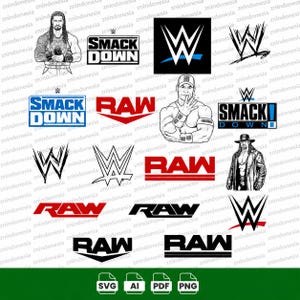May include: A digital collection of WWE graphics featuring the logos for SmackDown and RAW, the iconic W symbol, and illustrations of professional wrestlers. The file formats SVG, AI, PDF, and PNG are listed at the bottom of the image.