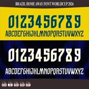 May include: A digital font set titled BRAZIL HOME AWAY FONT WORLDCUP 2026, featuring two color variations of the alphabet and numbers 0-9. The top section displays dark green characters on a yellow background, while the bottom shows white characters.
