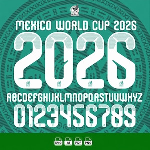 以下が含まれることがあります： ティール色の背景に白いスタイリッシュなフォントで「MEXICO WORLD CUP 2026」と書かれたデジタルグラフィック。デザインには2026という数字、AからZまでのアルファベット、0から9までの数字が含まれており、すべてにメキシコのロゴがあしらわれています。