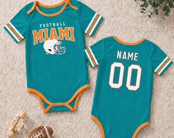 Personalized Miami Football Baby Bodysuit, Custom Name Number Jersey Outfit, Game Day Newborn Gift, Sports Fan Baby Shower Gift