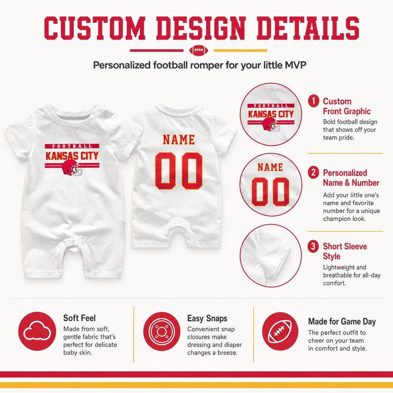 May include: A white short-sleeve baby romper featuring a red and white Kansas City football graphic on the front and a customizable name and number on the back. The design includes text details about custom graphics, personalized name and number options, and snap closures for easy dressing.