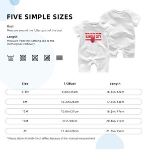 May include: A white short-sleeved baby romper featuring a red Kansas City football graphic on the chest. The image includes a sizing chart with measurements in inches for sizes 0-3M to 2T, along with care instructions and text explaining how to measure.