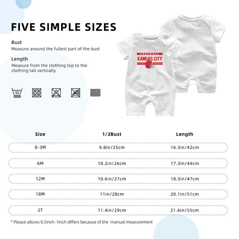 May include: A white short-sleeved baby romper featuring a red Kansas City football graphic on the chest. The image includes a sizing chart with measurements in inches for sizes 0-3M to 2T, along with care instructions and text explaining how to measure.