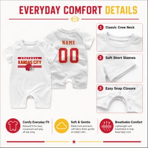 Personalized Kansas City Baby Romper, Custom Name Number Jersey Outfit, Short Sleeve Sports Romper, Baby Shower Gift image 4