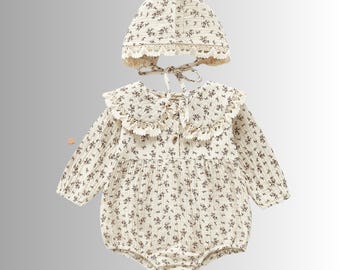 Vintage Floral Baby Romper with Bonnet Set