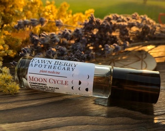 Moon Cycle Roller | Essential Oils for Menses Related Symptoms, PMS, Peri, Menopause + Post Menopause | Non GMO | 10 mL | Crystals + Flowers