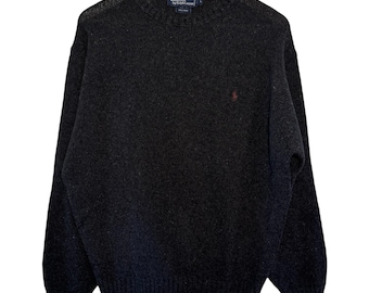 Vtg 1990's Polo By Ralph Lauren 100% Wool Dark Gray Pullover Crew Neck Sweater