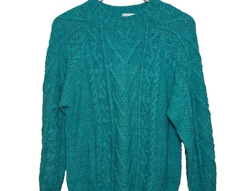 VTG Orvis groenblauwe zijdemix kabelgebreide grote trui met ronde hals