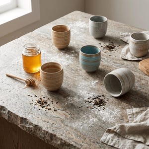 May include: A collection of ceramic cups in various colors and patterns, arranged on a stone countertop. The cups include shades of beige, blue, and speckled gray. A jar of honey and a honey dipper are also present, along with loose tea leaves.