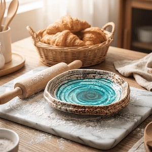 May include: A rustic ceramic bowl with a turquoise spiral design sits on a marble cutting board dusted with flour. A wooden rolling pin and a basket of croissants are also visible, suggesting a baking theme.