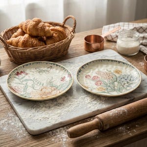 May include: Two round ceramic plates featuring textured surfaces and delicate floral illustrations in muted tones. One plate displays a butterfly and a large flower, while the other shows a cluster of various blossoms. Both have scalloped edges.