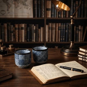 May include: Two blue and white ceramic cups with different wave and geometric patterns sit on a wooden desk. A vintage desk lamp, an open notebook with a pen, and a stack of books are also on the desk. The background features a bookshelf filled with books.