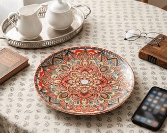 Handpainted Colorful Bohemian Ceramic Platter, Round Underglaze Fruit Cake Stand, Luxury Eclectic Serving Plate, Elegant Housewarming Gift