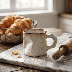 May include: A speckled, off-white ceramic mug with a unique, textured design and a rounded handle. A wire basket holds several golden-brown croissants. A wooden rolling pin rests on a marble cutting board, with flour scattered around.