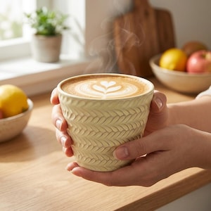 Peut inclure: Une tasse en céramique de couleur crème avec un motif texturé en forme de feuilles répétées sur l'extérieur. La tasse est remplie d'une boisson au café chaude avec un motif de latte art en forme de cœur blanc, accompagnée de vapeur visible.
