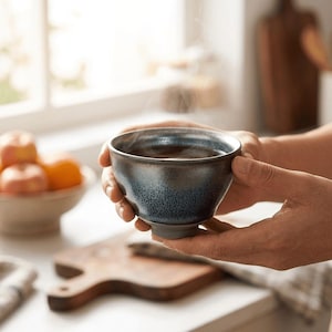 May include: A blue and grey ceramic bowl containing a dark liquid, held in both hands. Steam rises from the bowl, suggesting a hot drink. The bowl has a textured surface and a small foot. The background includes a wooden chopping board and a bowl of fruit.