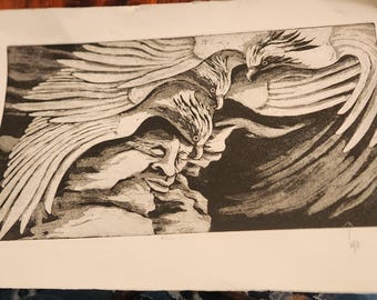 Originaler Linolschnitt im Vintage-Stil – Adler im Flug und Landschaft, 16 x 12 Zoll. Dieses Originalkunstwerk sollte gerahmt werden. Aus dem Nachlass des Künstlers.