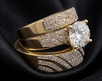 Bruidsringset, rond geslepen verlovingsring, trouwringset voor vrouwen, beloftering, jubileumcadeau, 925 zilver 14K verguld