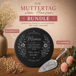 Könnte beinhalten: Ein Muttertags-Geschenkset mit einem runden schwarzen Servierbrett aus Schiefer und einem Tortenheber. Das Brett ist mit dem Wort "Mama" und floralen Designs graviert. Der Tortenheber ist silberfarben und ebenfalls mit "Mama" graviert.